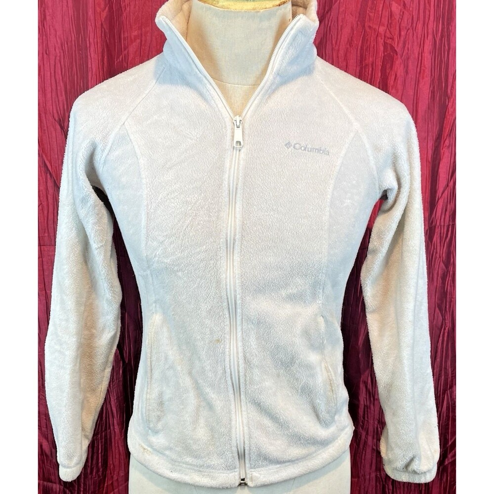 Womens Columbia White Fleece Full Zip Drawstring Sweatshirt Jacket sz Sm